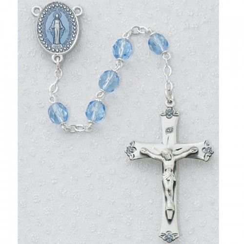 Miraculous Medal Blue Glass Rosary, 7mm beads