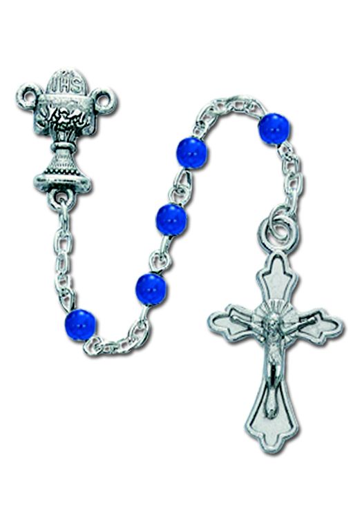 First Holy Communion Rosary, with blue beads and Chalice centerpiece