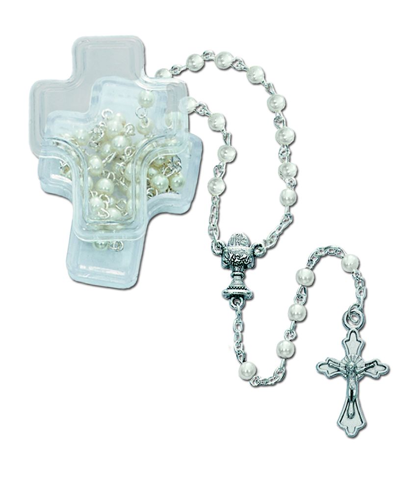 First Communion Rosary with Chalice centerpiece and white pearl beads