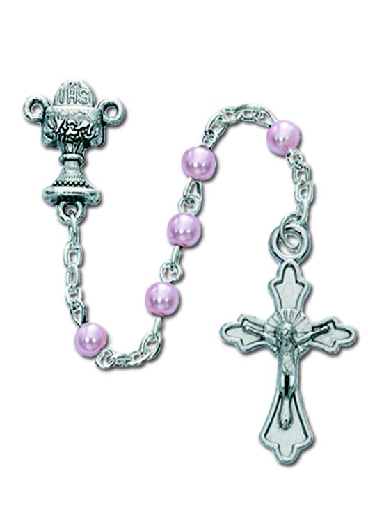 First Holy Communion Rosary, with pink beads and Chalice centerpiece