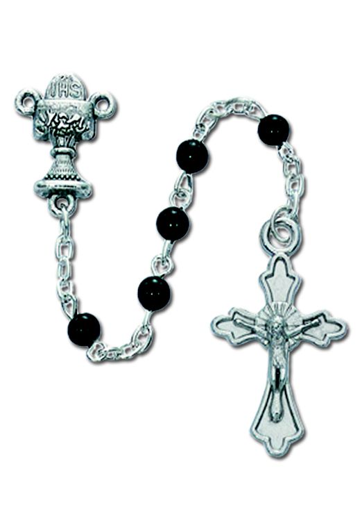 First Holy Communion Rosary, with black beads and Chalice centerpiece