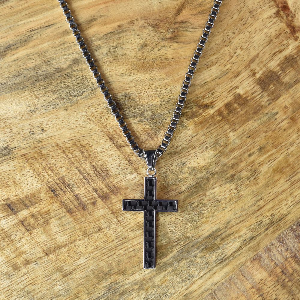 Black Cross, Lava Rock pendant with chain