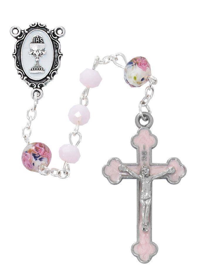 First Communion Rosary, Pink floral