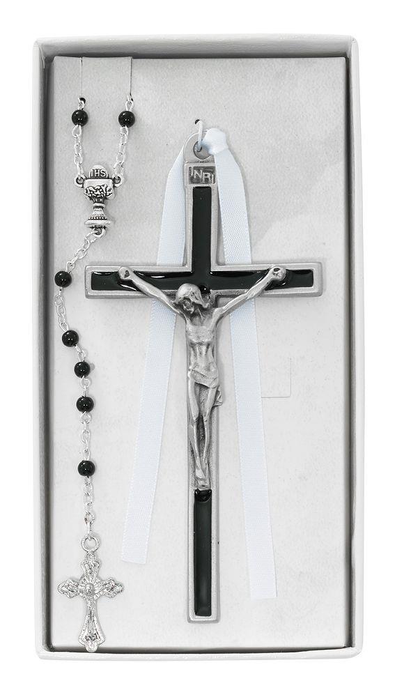First Communion Crucifix and Black Rosary Set, 5" tall
