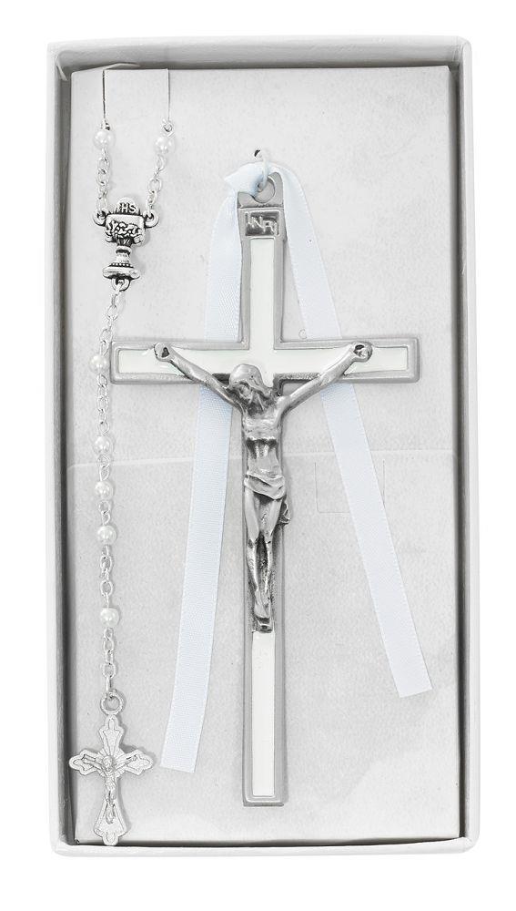 First Communion Crucifix and White Rosary set, 5" tall