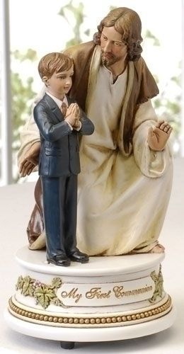First Communion Boy with Jesus musical statue, 7.25" tall